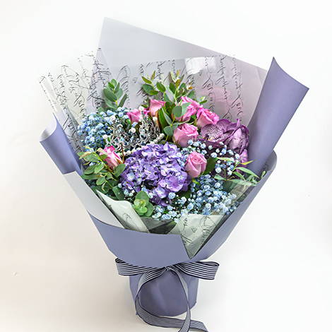 台北市花店紫玫瑰滿天星花束 心願網路花店